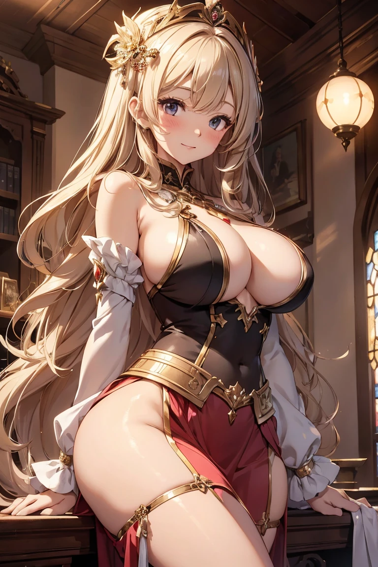 masutepiece, Best Quality, the Extremely Detailed CG Unity 8K Wallpapers, Beauty Priestess Costume, Long dark blonde wavy hair、gorgeous dress, Gorgeous Long Flared Skirt、Luxurious hair ornamentedium milk, Puffy nipple、Blushing, Shy laughter, Bare shoulders、sexy hips、high-heels、Luxurious magic wand and book、Church of the castle、sexy pose、(Poses that emphasize the buttocks)、Chest close and emphasis