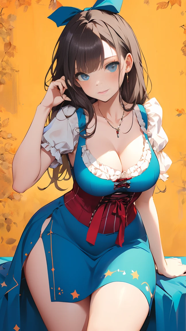 lady, posing seductively to viewer, solo:1, pov, beautiful thick thighs, Oktoberfest background, long hair, 3/4 body, V neck mini hot dirndl