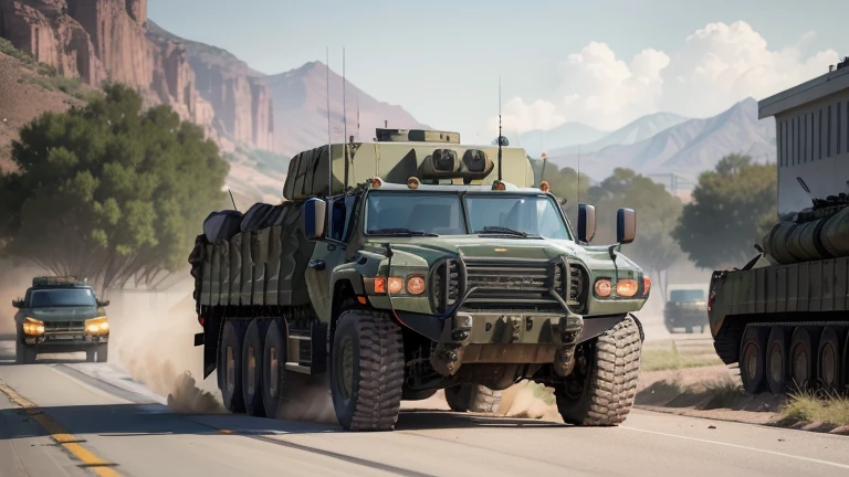 there are two military trucks driving down the street, a portrait by Richard Hess, shutterstock, dau-al-set, military, lavs flowing through the land, military vehicles, military carrier rig, 💣 💥💣 💥, sha xi, military-grade, gm, vehicle, military police, surprise, 😭 🤮 💕 🎀, wide - shot, wide-shot