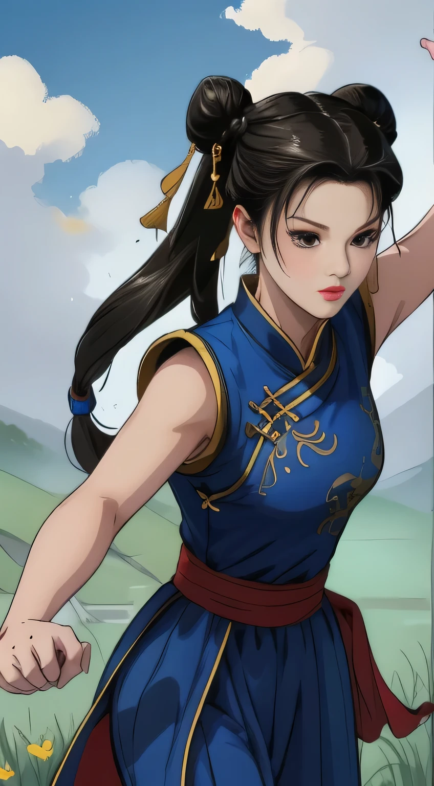 Paichang, Twin blades with blue ribbon, brown eyes, double bun,black hair, alone , Tai Chi stance, close,
Paiati,blue chinese dress, Red band, pants, No sleeve,
 blue sky, cloudy, evening, grassland, 
(Extremely detailed, beautiful detailed face, masterpiece, highest quality)   Close up of cartoon character with ponytail in field, portrait of Chunli, portrait of Chunli, Chunli, Chunli, Chunli, Inspired by Li Miki, Chunli at the gym, tifa lockhart portrait, highly detailed art germ, Kunoichi, Inspired by Zhu Lian, Inspired by Wu Li