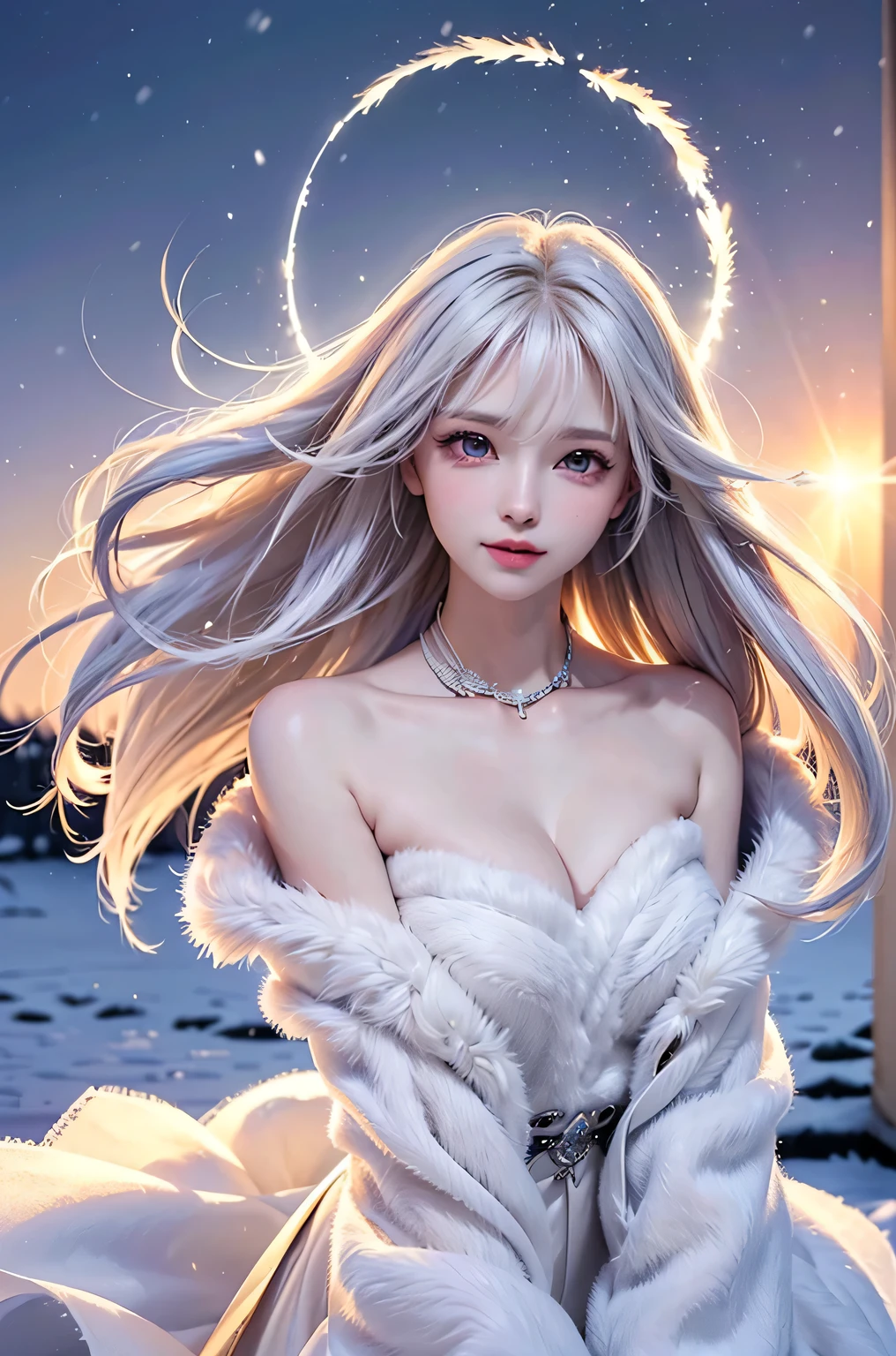 ((masterpiece:1.5、8K、Tabletop、Photorealistic and very detailed CG、Very detailed、Particle Effects、Dynamic Effects、Shallow depth of field、Cinematic Light、Lens flare、Ray Tracing、Tabletop、Realistic:1.4、Ultra-high resolution:1.2、Realistic、Realistic))((alone、,Woman wearing a white fur coat over an off-the-shoulder sweater:1.4、Elegant woman posing、Detailed face、brightexpression、young, bright, Whiter skin、medium breasts、Beautiful cleavage、Best Looks、Ultimate beauty、White hair with shiny highlights、bright and shiny hair,、Super long, Silky straight hair、Hair dancing in the wind))(morning、The setting is outdoors in the snow、Crystal of snow)