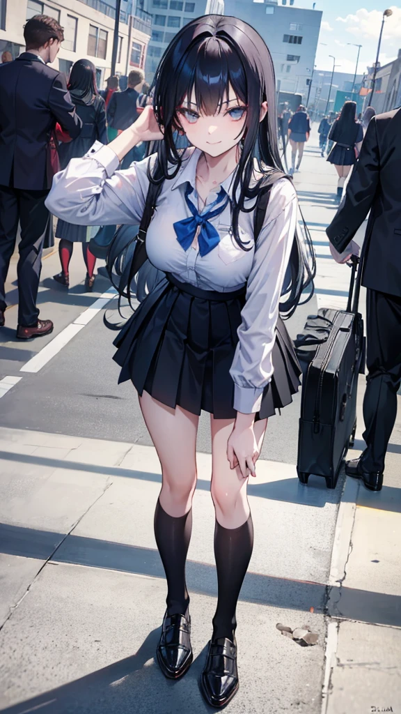Lydia, a 6 foot tall female student with long black hair and a with a very short skirt, pushes Tom, a nerd, to the ground in the school yard. with a malicious smile, stands over him while he is on the ground, looking at her panties
