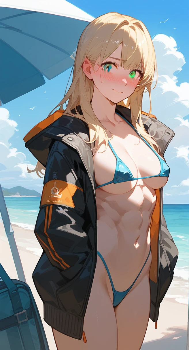 score_9,score_8_up,score_7_up,1girl, long hair, blonde hair, looking at viewer, outdoors, sky, smile, medium breasts, micro bikini, grey eyes, beach, embarrassed, jacket, bara sholder