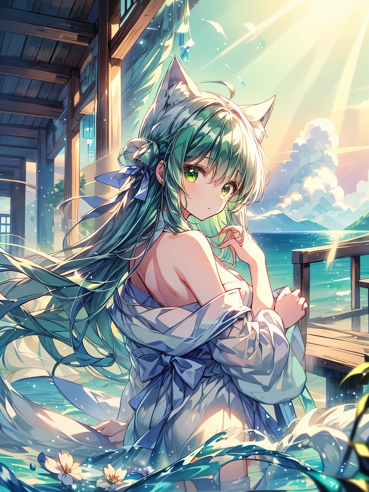 Scenery light green long hair happy Nekogirl (two neko ears and white fox tail), cute thoughtful face, white oversized shirt Off-the-shoulder, watching out of a window thoughtful, sunset, high amount of rainbow sunflare and lensflare, lots of colors, clouds. Lateral view from outside the window, face invested from colors and light, masterpiece.