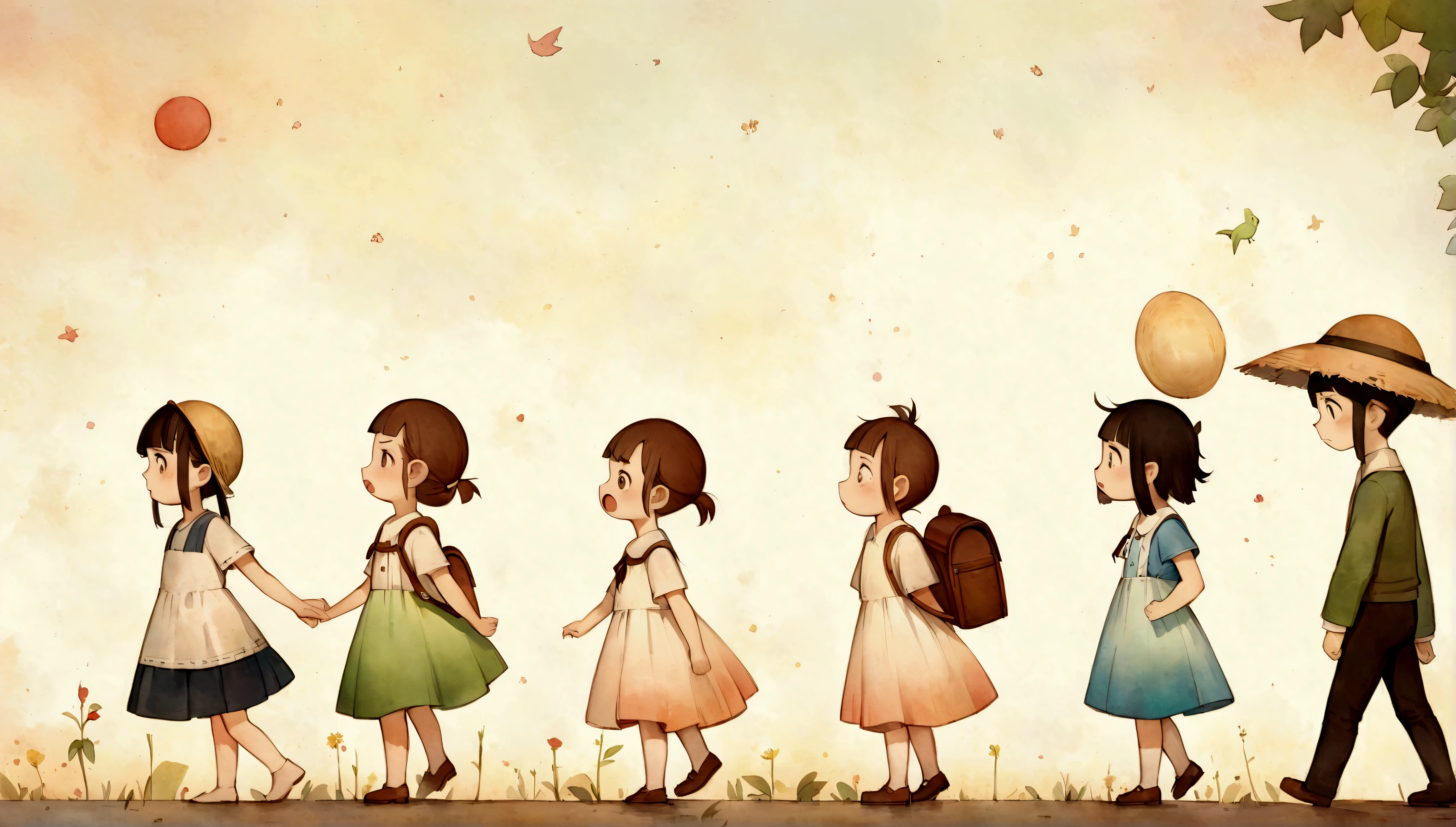 An illustration,(Draw the children with surprised expressions),(Children with open mouths and disappointed expressions),The children are shocked and depressed.,children are wearing summer clothes,(The background is the garden of a house in town),This is a scene where the planned outing that I was looking forward to was cancelled.,BREAK,children are carrying backpacks,straw hat,The children are dressed as if they are going on a field trip.,BREAK,cute illustration,surreal,artwork,Expressively,This is an illustration that looks like a picture book illustration.,draw with thick lines,Please draw with a gentle touch,Draw with pencil and watercolors,Gabriel Pacheco Style page,anatomically correct,perfect anatomy,structurally correct,Optimal configuration,Draw carefully to the details