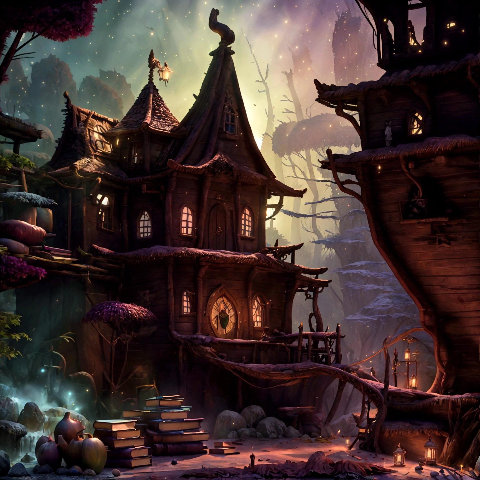 adorned with books shimmering with untold secrets and the silent murmurs of hidden yearnings, Large beautiful Librarywith shimmering, Magical, sparkling walls,fantasy,a fantasy moonlight filtering through,Rich in color,assignment,DnD style, vibraint colours,Detailed details, a open door leadin to a sunny forest.