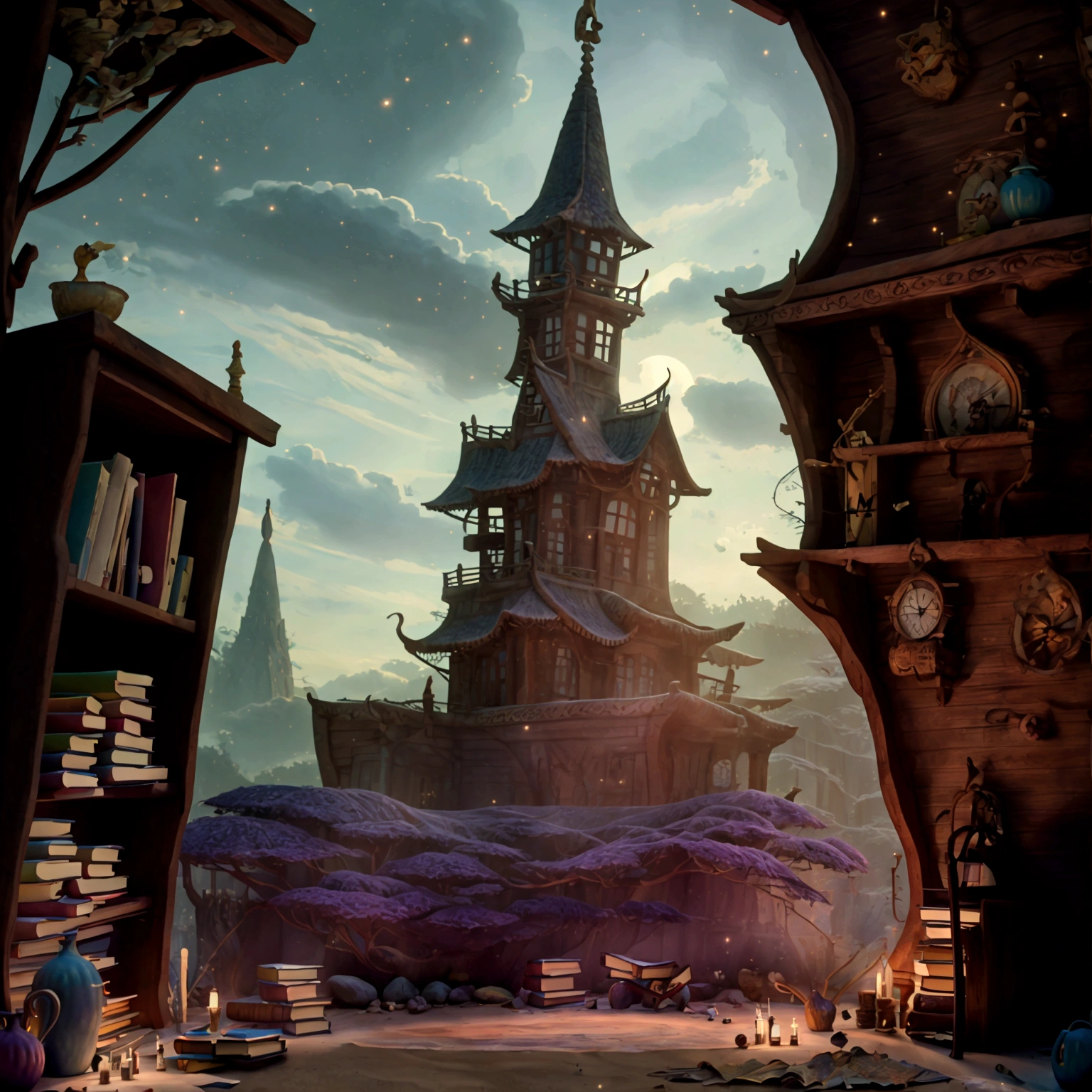 adorned with books shimmering with untold secrets and the silent murmurs of hidden yearnings, Large beautiful Librarywith shimmering, Magical, sparkling walls,fantasy,a fantasy moonlight filtering through,Rich in color,assignment,DnD style, vibraint colours,Detailed details, a open door leadin to a sunny forest.