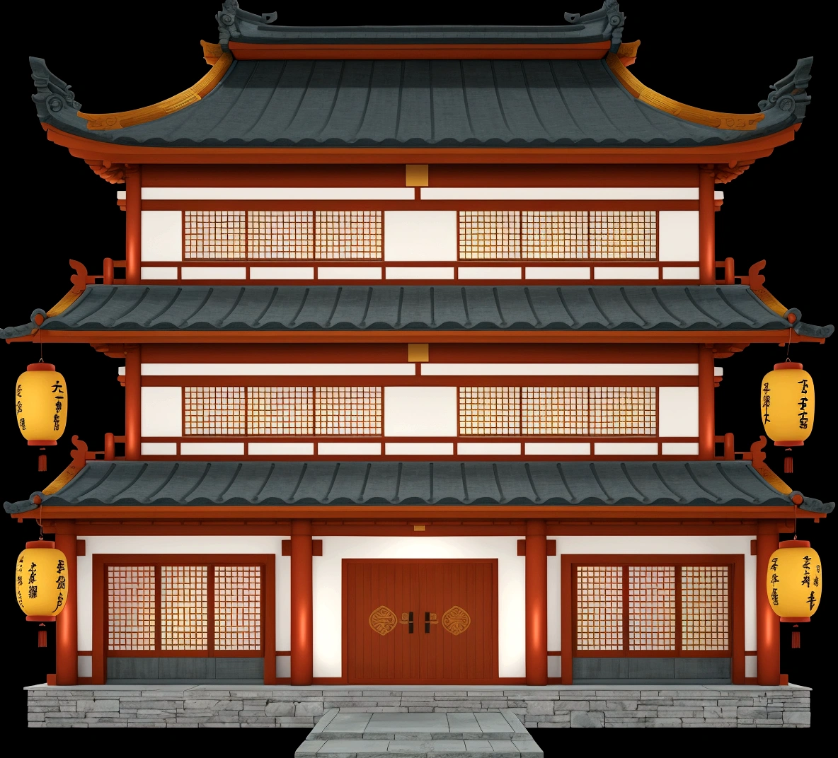 illustration of a traditional chinese building with lanterns and a door, an extremely detailed building, european japanese buildings, japanese house, chinese building, japanese temple, zen temple background, ancient japanese architecture, digital painting of a pagoda, japanese architecture, temple background, inspired by Tōshi Yoshida, japanese temples, inspired by Shūbun Tenshō