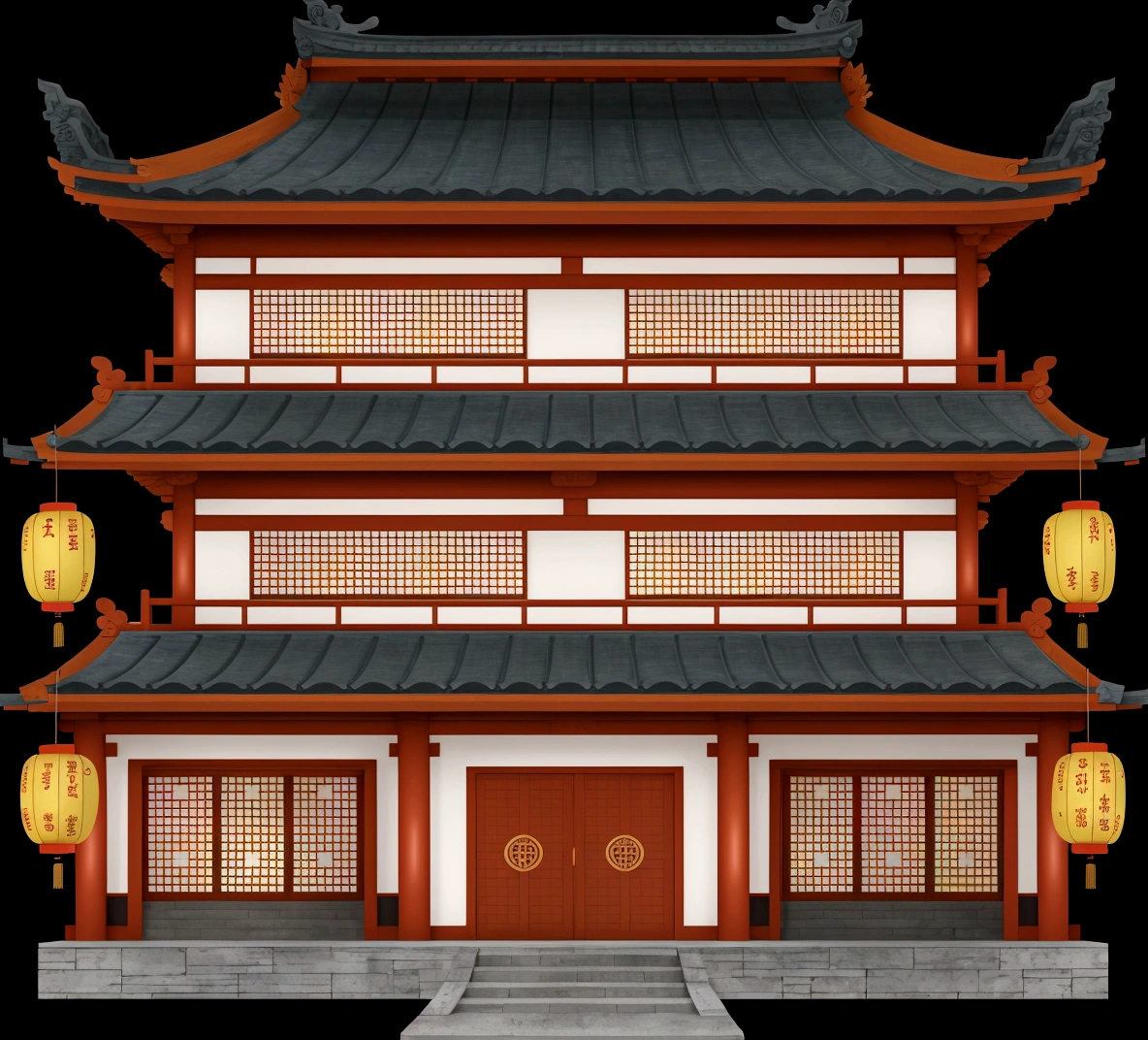 illustration of a traditional chinese building with lanterns and a door, an extremely detailed building, european japanese buildings, japanese house, chinese building, japanese temple, zen temple background, ancient japanese architecture, digital painting of a pagoda, japanese architecture, temple background, inspired by Tōshi Yoshida, japanese temples, inspired by Shūbun Tenshō
