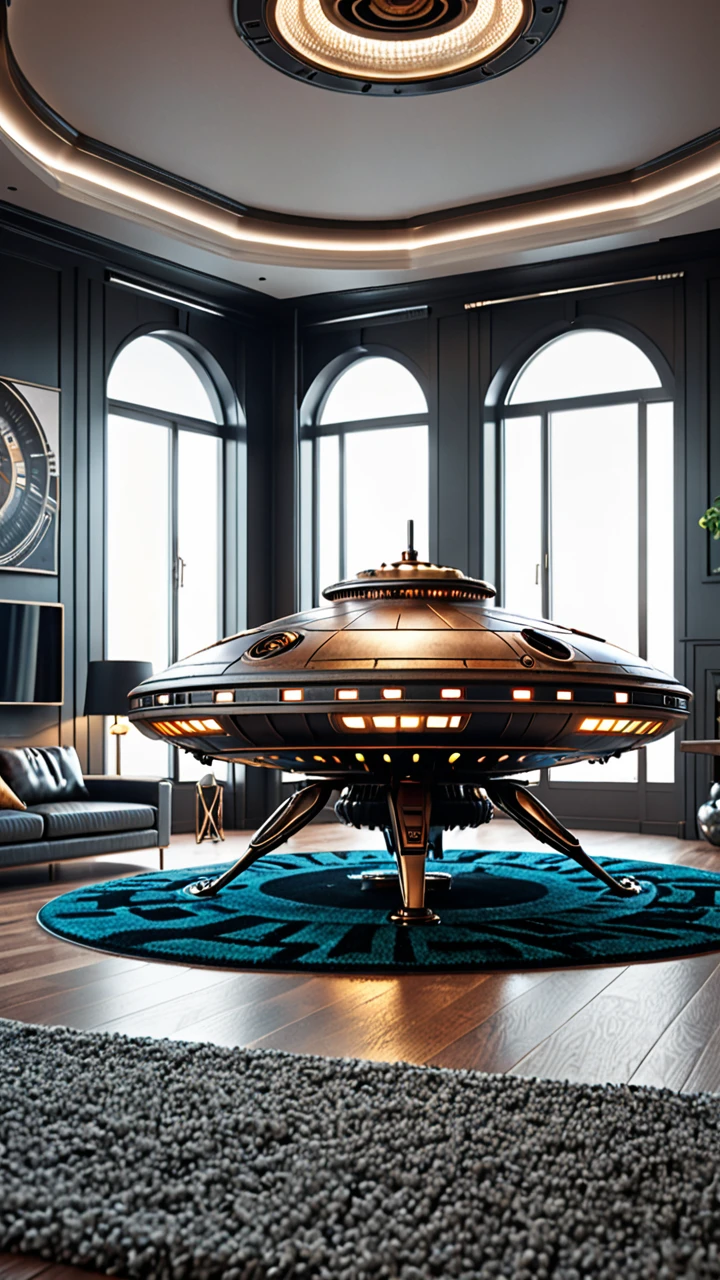 An organic steampunk sci-fi mechanical UFO sitting on the floor of a modern living room with carpet, modern interior, high quality photo, ultra high resolution, (photorealistic:1.4), cinema lighting, incredibly detailed, Hyper realistic, fine details, octane rendering