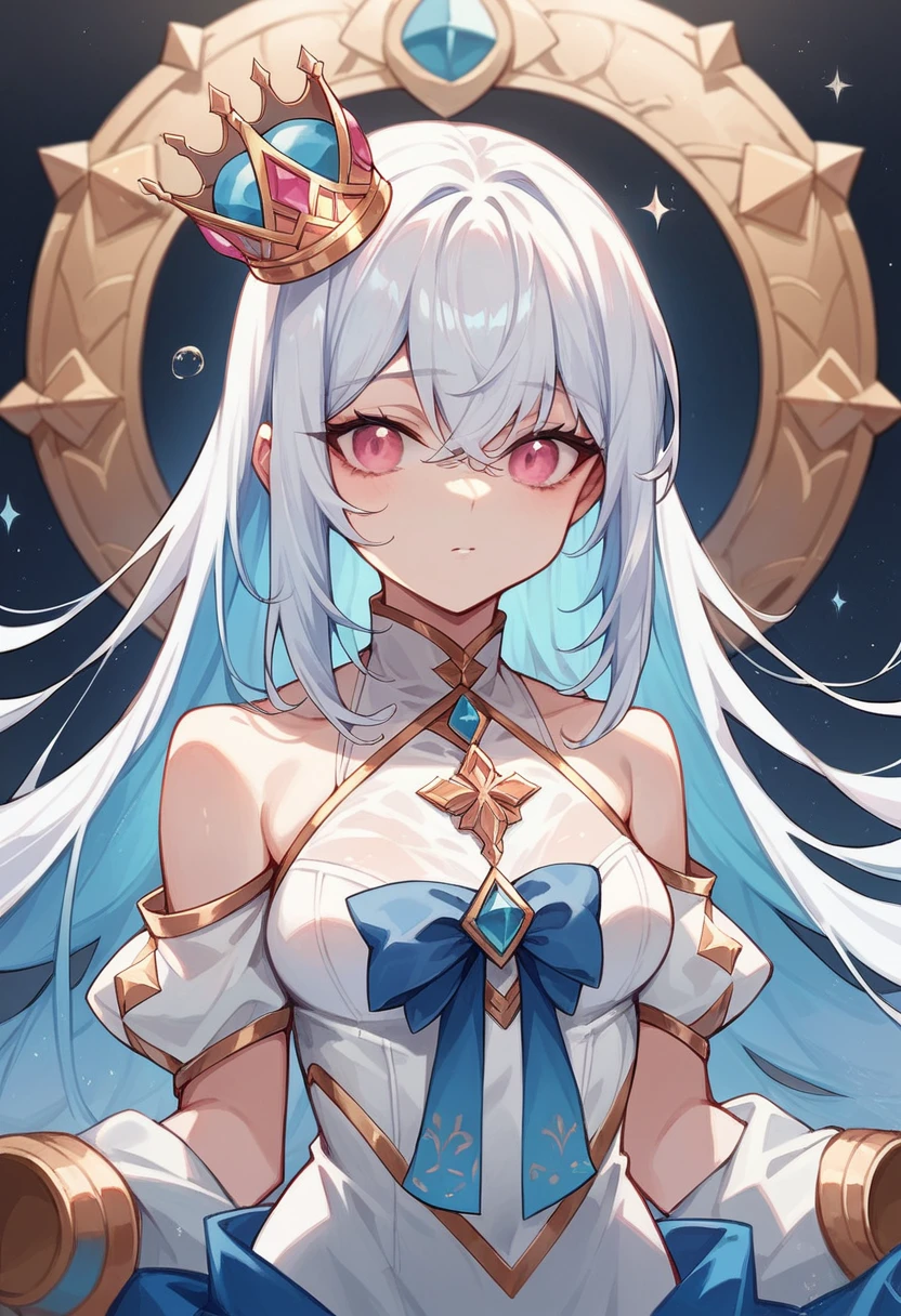 Long Hair Girl,Pure white hair,Blue inner hair, See-through bangs,Gold crown,Deep pink eyes,silky clothes,Blue and white outfit,Light blue ribbon around the neck,18-year-old,