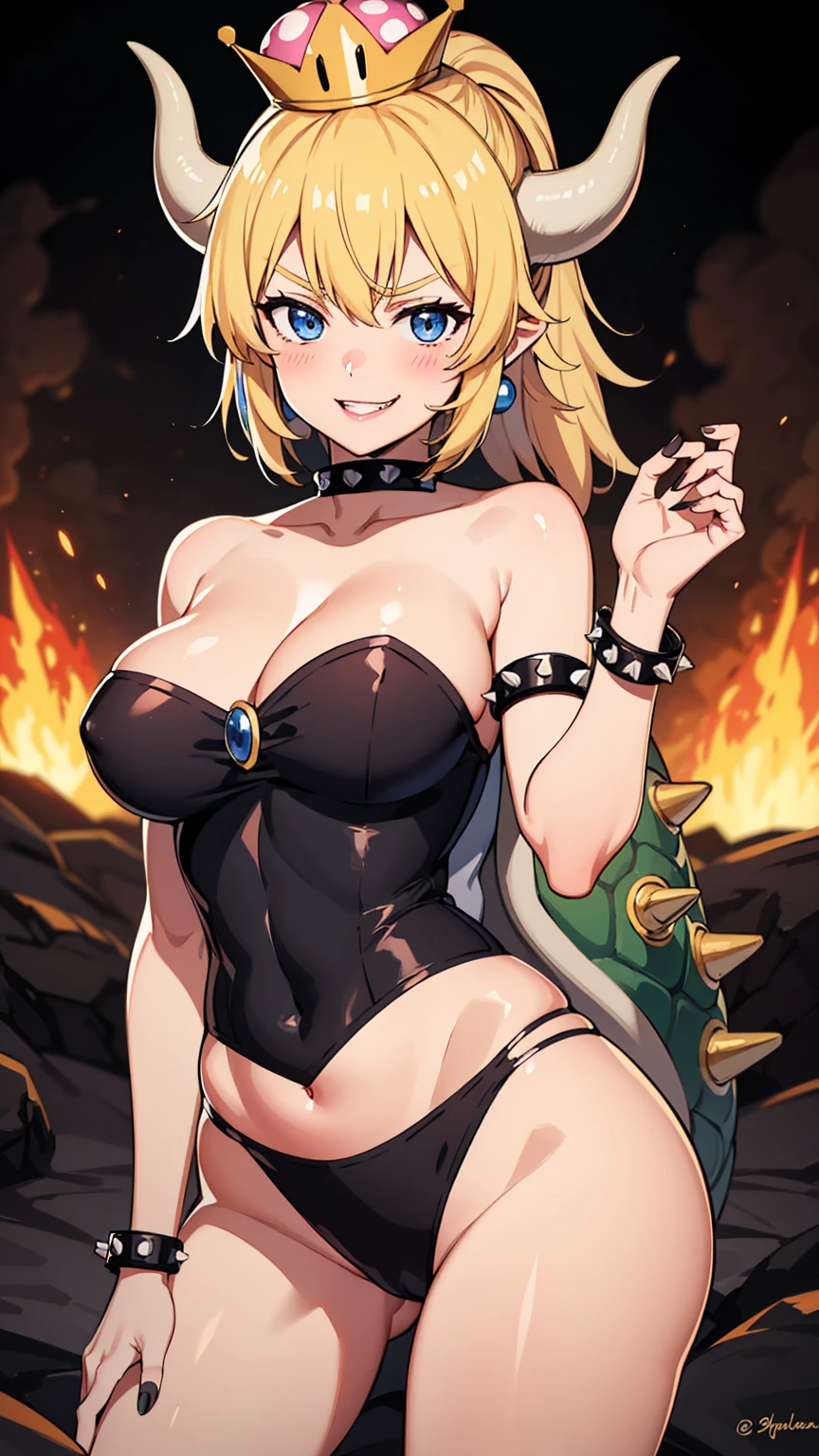 best quality, high resolution, large breasts, blonde hair, blush, Evil smile, cowboy shot, looking at viewer, bowsette, pink lip, in a volcano with lava, sexy shoulders, (shoulders Focus)
