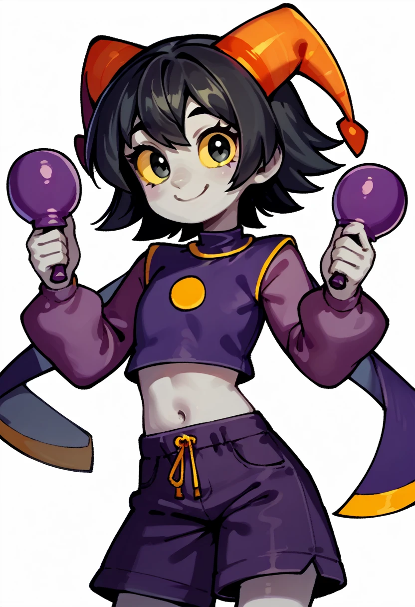 score_9, score_8_up, score_7_up, score_6_up, score_5_up, score_4_up, source_anime, bright cute colors, bright purple outfit solo, 1girl, young adult, light gray skin, black hair, black eyes, yellow sclera, soft smile, looking at viewer, long bangs, hair between eyes, two tiny orange horns, pitch black pupils, long sidelocks, thin eyebrows, colorful, soft artstyle, flat chest, gray skin, rating_safe, bright purple jester outfit, long bright purple sleeves, bright purple balloon shorts, jester costume, cutesy costume, no background, plain white background