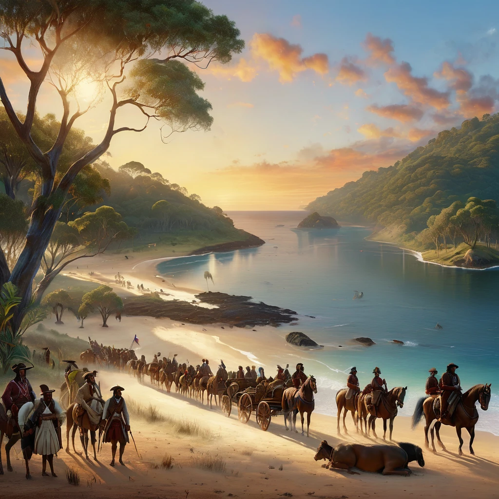 Australia in 1788 during the first colonization meeting, with indigenous Australians interacting with British settlers. Capture the scene with maximum quality and realistic style, highlighting coastlines and bays in a highly detailed landscape. Lighting should be soft and natural, reflecting the dawn sun on the water. Use 4K resolution to ensure sharpness, with a beautiful bokeh effect that subtly blurs the background to focus attention on the characters and details in the foreground. Add detailed textures to vegetation and water, as well as authentic facial expressions and clothing for both groups, creating an immersive and authentic atmosphere of this historical moment.