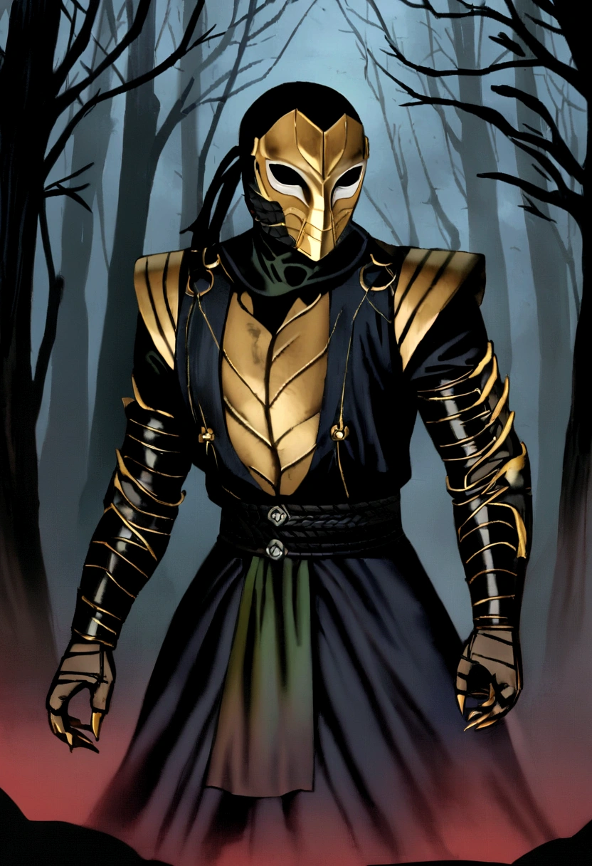 Mortal Kombat Scorpion, white eyes, classic mask, movie 1995, comes out of the forest in the fog, atmosphere of darkness and horror, in the style of illusory portraits, modular, uhd, --ar 71:118 --s 750 --niji 5