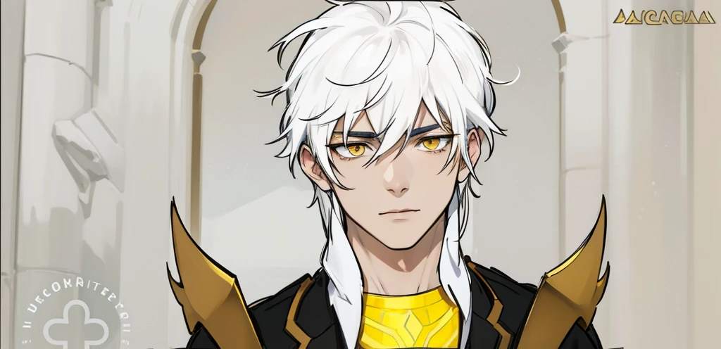 white hair yellow eyes black egyptian tunic he is listening to someone he is serious thoughtful, He has golden armor pads on his shoulders