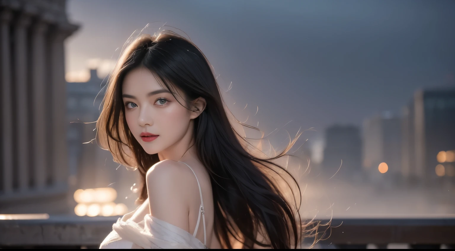 Black Hair, Hair shaking, victory, Long eyelashes, Solid round eye, A faint smile, ears red, direction, precise, Surrealism, shadow, Relief, Stereogram, Standing picture, Ass PoV, Atmospheric perspective, 8K, Super Detail, best quality, best quality, High Detail, Anatomically correct, Ultra HD, Retina, high quality, high resolution, Textured Skin, masterpiece, aprecise, Super Detail, The award-winning,Paris , Storm scene, Edwardian Women in White, watercolor