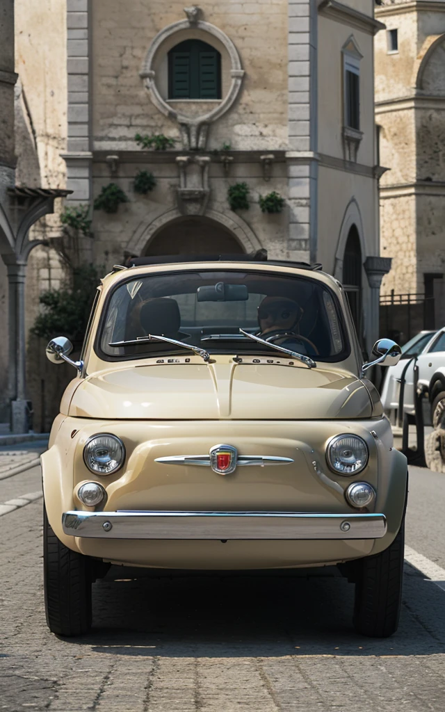 (YES SFW), (FIAT500 in sassi_di_matera). A classical metallic chromated Italian Fiat 500 hurtles on the road. [8K, Best Quality, Masterpiece, Ultra High Resolution, (highly detailed CG unity 8k wallpaper), (best illustration), (best shadows), isometric 3D, octane rendering, ray tracing, highly detailed, (wide panoramic view: 1.1), (Best quality, 4K, 8 k, A high resolution, masterpiece:1.2), absurdity, masterpiece, ultra detailed, (realistic, photorealistic, photorealistic:1.37), complex parts, HDR, (complex parts:1.12), (hyper detailed, hyper realistic, Soft lighting, spicy:1.2), metallic car, (complex parts, Hyper detailed:1.15). Blurred foreground. (backlit), realistic, masterpiece, high quality, brightness, chromatic aberration, by Jeremy Lipking, 8k uhd, some smoke, shadows, contrast, clear sky, (warm hue, warm tone), high details, natural reflections].