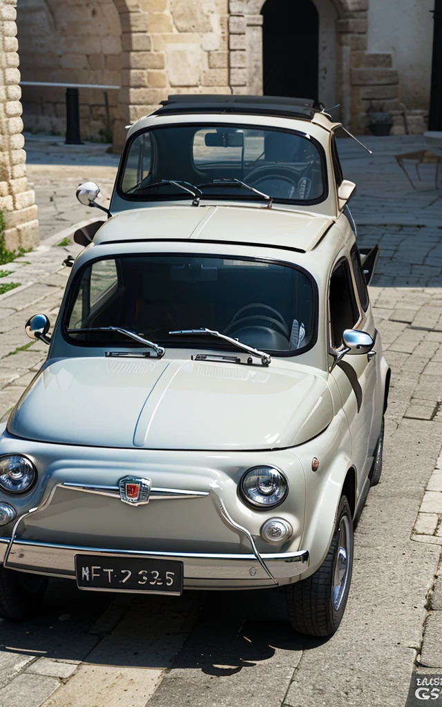 (YES SFW), (FIAT500 in sassi_di_matera). A classical metallic chromated Italian Fiat 500 hurtles on the road. [8K, Best Quality, Masterpiece, Ultra High Resolution, (highly detailed CG unity 8k wallpaper), (best illustration), (best shadows), isometric 3D, octane rendering, ray tracing, highly detailed, (wide panoramic view: 1.1), (Best quality, 4K, 8 k, A high resolution, masterpiece:1.2), absurdity, masterpiece, ultra detailed, (realistic, photorealistic, photorealistic:1.37), complex parts, HDR, (complex parts:1.12), (hyper detailed, hyper realistic, Soft lighting, spicy:1.2), metallic car, (complex parts, Hyper detailed:1.15). Blurred foreground. (backlit), realistic, masterpiece, high quality, brightness, chromatic aberration, by Jeremy Lipking, 8k uhd, some smoke, shadows, contrast, clear sky, (warm hue, warm tone), high details, natural reflections].