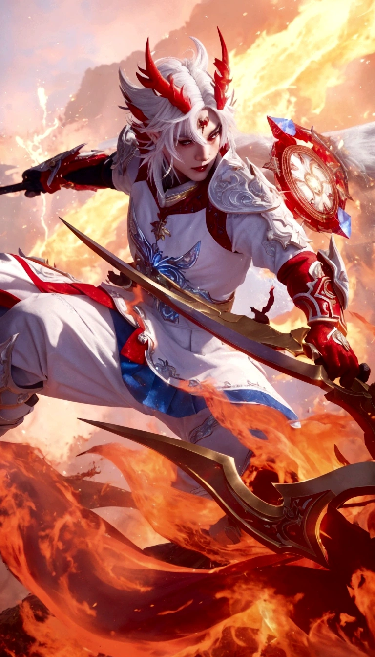 Enhance the clarity and sharpness of this character illustration. The character has white hair with red horns and is dressed in a detailed white and blue outfit with red and gold armor. The character wields a large, ornate weapon surrounded by vibrant flames. Improve the overall sharpness, making the colors more vivid and the textures more detailed, while preserving the dynamic and vibrant atmosphere of the scene