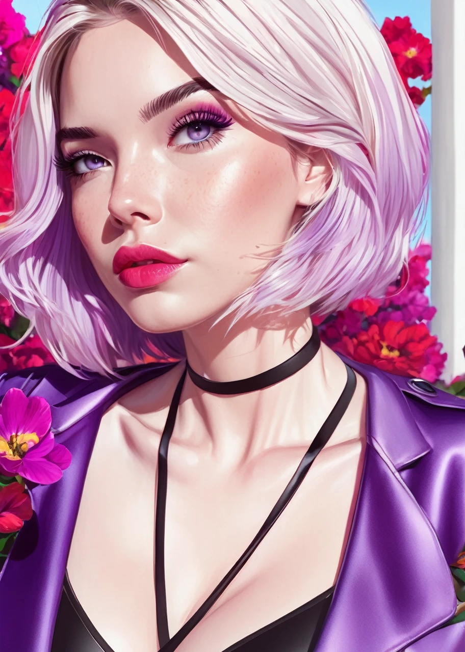 woman in a bikini and purple jacket stands among a flower field, alena aenami and Artgerm, extremely detailed Artgerm, as seen on Artgerm, style of Artgerm, ig model | Artgerm, ilya kuvshinov and Artgerm, trending Artgerm, Ross Tran 8 K