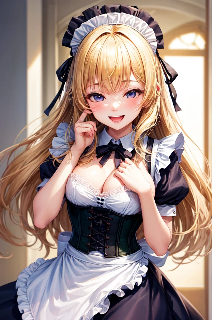 ((Highest quality)), ((masterpiece)), (detailed), Perfect Face,Gothic style,At the residence,Show me your face,Big smile,dazzling,happiness,happinessな時間,blonde,ribbon,Put your hands in your hair,beautiful girl,Long Hair,velvet,corset,Frills,organdy,Lace clothes,crinoline,Head ornament,Put your cheek on your hand,Blurred Background,((Highest quality、High resolution))、Portraiture、Perfect body、Beautiful and bountiful breasts、Sexually excited expression、((throw、maid shows pussy))、Love Juice、I'm inviting you to have sex