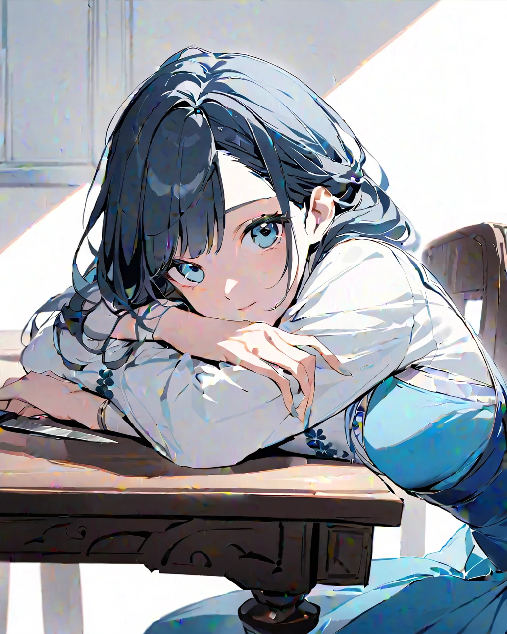 elegant asian woman, closeup, sitting at a table, waring a white and blue dress, her hands holding a knife sideways to the camera, arms leaning on the table, looking at the camera, blue and white room