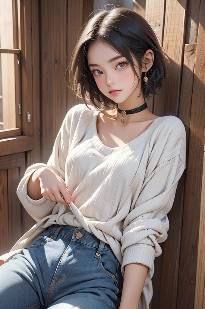 (best quality) (detail), 1 girl holding guitar, sweater, short jeans, short hair, wearing choker, photography.