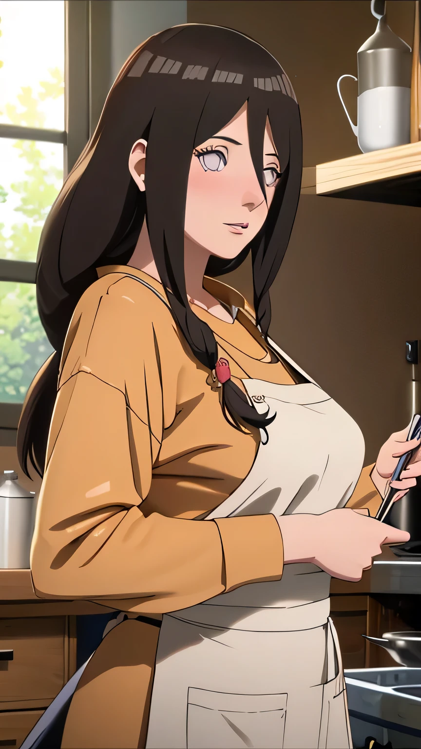 masterpiece, absurdres , (intricate details), (colorful),cinematic lighting, bust shot, extremely detailed CG unity 18k wallpaper, 1girl, hanabi hyuga, shy, bigbreasts, long hair، brown hair, wide pupils, complete Apron, nude, naked apron, kitchen, blush, looking at viewer, high detail, 1080p, 18k,