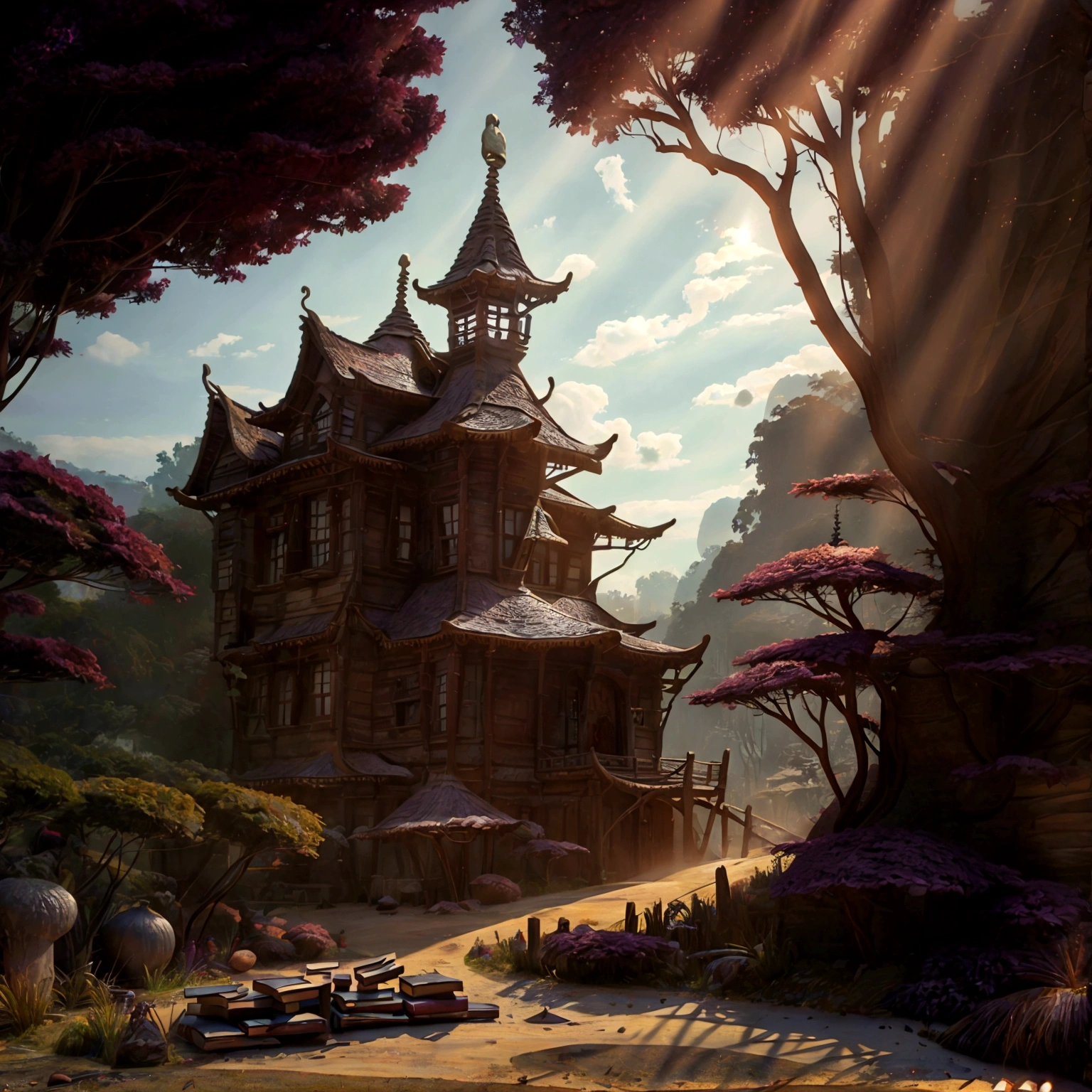 library, adorned with books shimmering with untold secrets and the silent murmurs of hidden yearnings, Large beautiful Librarywith shimmering, Magical, sparkling walls,fantasy,a fantasy moonlight filtering through,Rich in color,assignment,DnD style, vibraint colours,Detailed details, a open door leadin to a sunny forest.