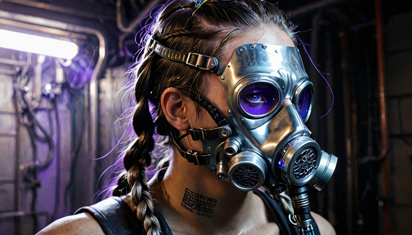 Image of a person, turned into a cyborg, in high definition., with a full head gas mask. His skin is complex, decorated with wires, circuit breakers, and transparent blue liquid pipes, passing through it.. His eyes emit a bright purple light., shines through the eye holes of the mask. His long hair is braided in a fancy braid., with chrome threads, woven into braids, adding metallic shine. His skeletal structure is partially visible., with quartz and crystal bones, refracting light and adding a translucent quality. Background — a futuristic laboratory., dimly lit by cold, Industrial atmosphere. Lighting highlights reflective surfaces and luminous elements., creating a striking contrast with darker surroundings. The overall effect is a combination of advanced technology and natural elements., demonstration of the fusion of man and machine.

The background is dimly lit, industrial setting with hints of metallic surfaces and shadows, creating an unsettling atmosphere. Lighting is low and directional., casting subtle reflections on the gas mask and his damp hair, leaving parts of the face in shadow, enhance the dramatic effect. There is a faint mist or smoke in the air, Add depth and texture to the scene. The overall atmosphere is filled with mystery and intensity., with a slightly dystopian atmosphere.