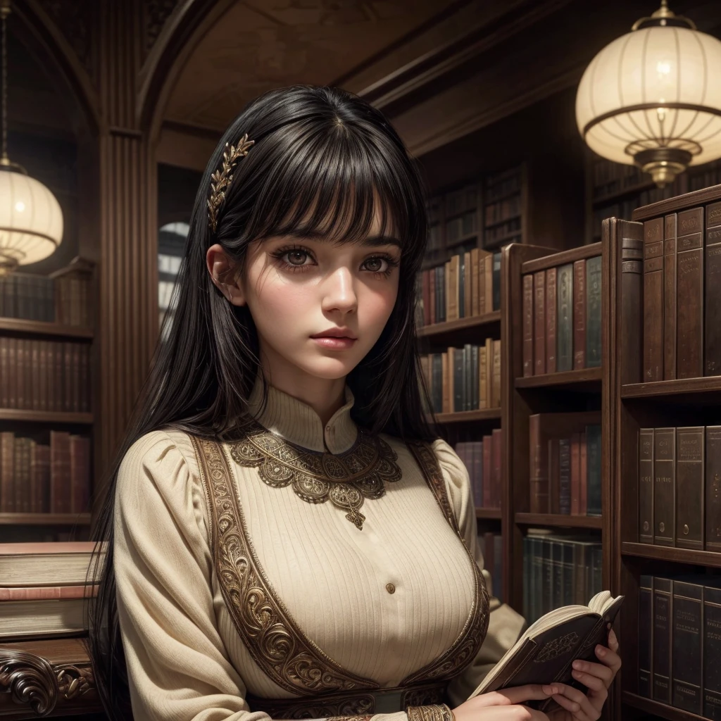 a beautiful dark-haired girl with bangs, in a library, 1girl, detailed facial features, long eyelashes, detailed eyes and lips, realistic, photorealistic, 4k, highres, masterpiece, ultra-detailed, vivid colors, dramatic lighting, intricate details, ornate library interior, rows of bookshelves, warm lighting, natural atmosphere, immersive, cinematic