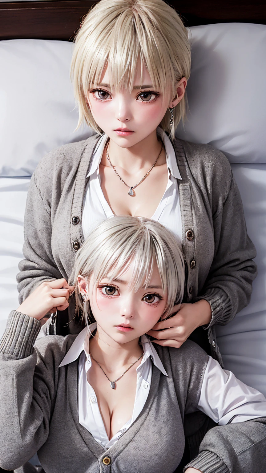 (masterpiece: 1.3), (Maximum resolution: 1.2), (Ultra HD TV: 1.2), Cinematic Light, 8K resolution, Detailed features , (Sharp focus: 1.2),Perfect Style, Beautiful Face, Acura, Anatomically correct, Highly detailed face and skin quality感, Beautiful Eyes,ThroughkBright Eyes, Natural Cheeks, Glowing Skin, (Glossy Lips: 1.4),、 (A shameful expression: 1.2),Highly detailed face and skin quality, Natural Cheeks, , Glossy Lips,Exposed cleavage、(White mucus on chest:1.6)(White mucus on thighs:1.6)、 blush、Humiliating、shame、Please open your knees、dissatisfaction、anger、tears、sorrow、Glaring at the camera、Spread your legs、Sparkly little earrings and necklace、Disheveled clothes、Exposed panties、stockings、Drenched in sweat、Thin underwear、Wet underwear、stockings 、Long Hair、32 years old, Clean woman,1 person、 first class cabin、On the bed(On my back, Lying down in bed, Lying down in bedいる, Lying down, White sheets:1.3)、blonde、Silver Hair、Blue-gray eyes、Green-gray eyes,(V-neck shirt and cardigan:1.4)、scarf、dissatisfaction、Masturbate、Nipple exposure、Soft Breasts、White thighs