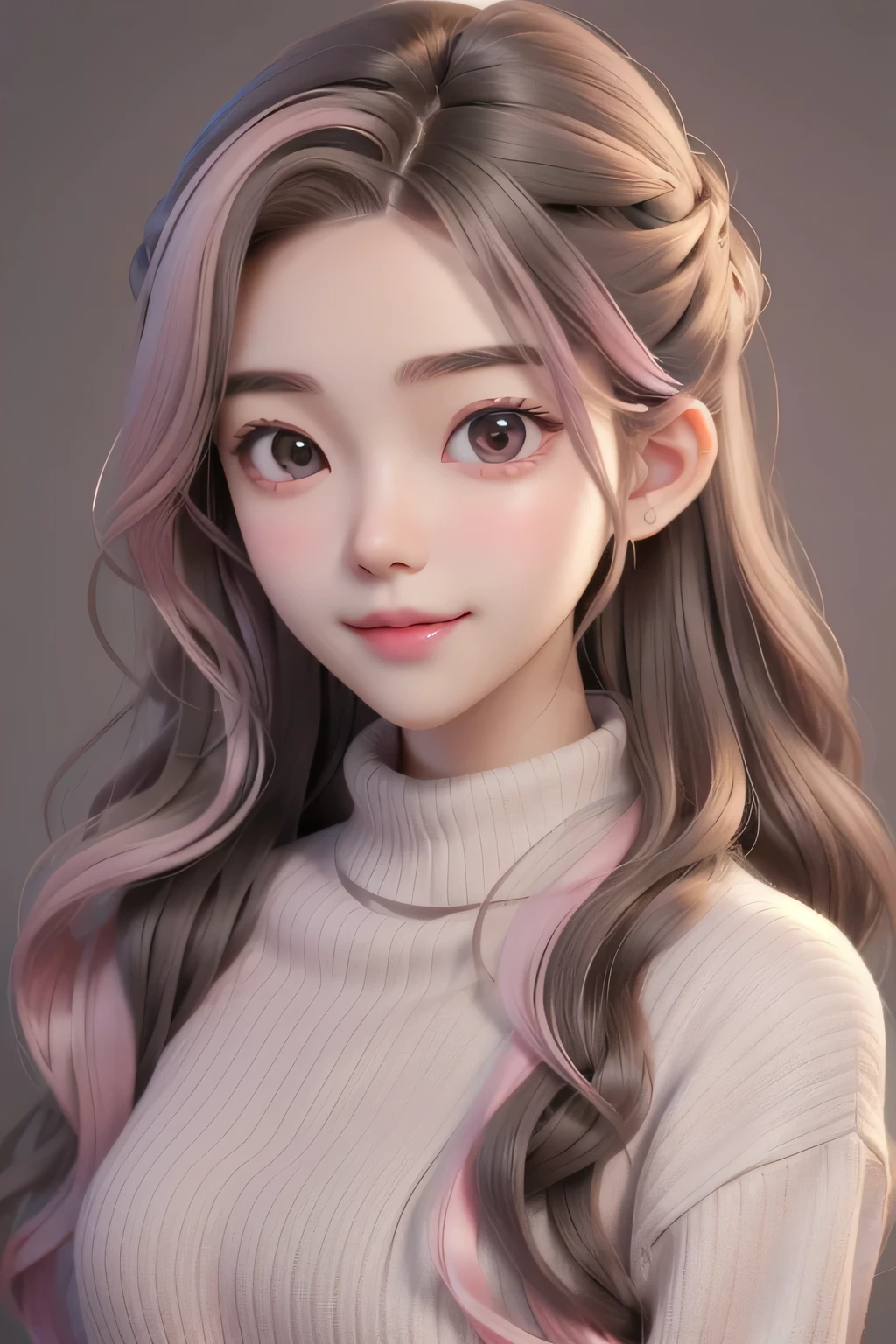 Girl, long brown hair, gray eyes, sharp features, white skin, pink lips, wavy hairstyle, sweater, brown jacket,smile