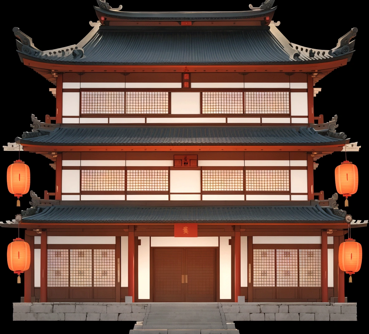 illustration of a traditional chinese building with lanterns and a door, an extremely detailed building, european japanese buildings, japanese house, chinese building, japanese temple, zen temple background, ancient japanese architecture, digital painting of a pagoda, japanese architecture, temple background, inspired by Tōshi Yoshida, japanese temples, inspired by Shūbun Tenshō