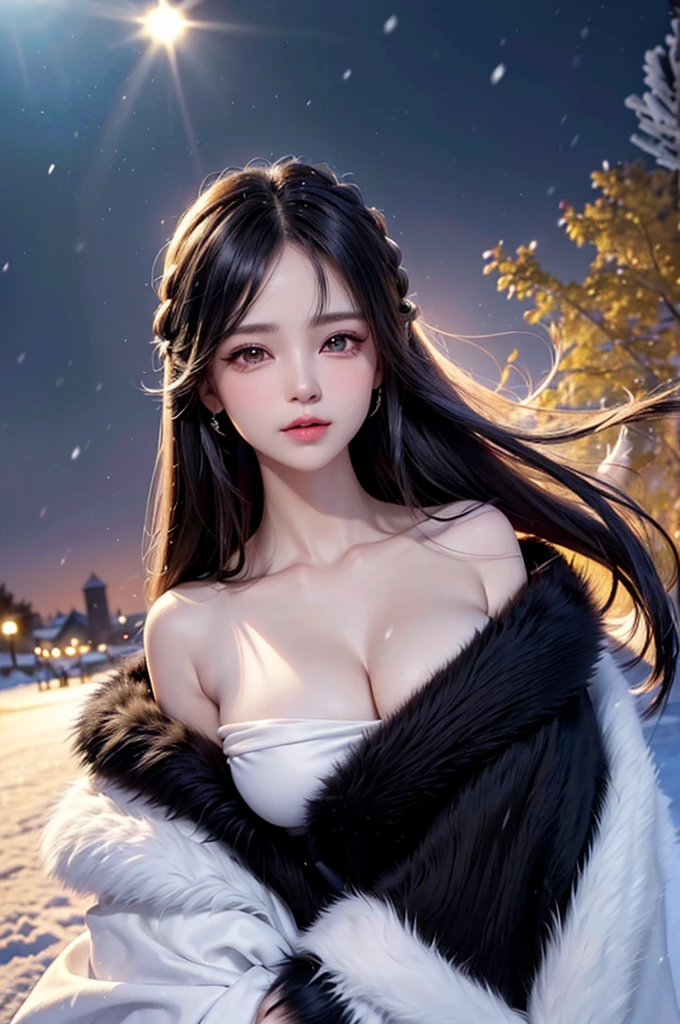 ((masterpiece:1.5、8K、Tabletop、フォトリアリスティックでVery detailedなCG、Very detailed、Particle Effects、Dynamic Effects、Shallow depth of field、Cinematic Light、Lens flare、Ray Tracing、Tabletop、Realistic:1.4、Ultra-high resolution:1.2、Realistic、Realistic))((alone、,A woman wearing a black fur coat over an off-the-shoulder sweater:1.4、Elegant woman posing、Detailed face、bright表情、young, bright, Whiter skin、medium breasts、Beautiful cleavage、Best Looks、Asian、Ultimate beauty、White hair with shiny highlights、bright and shiny hair,、Super long, Silky straight hair、Hair dancing in the wind))(morning、The setting is outdoors in the snow、Crystal of snow)