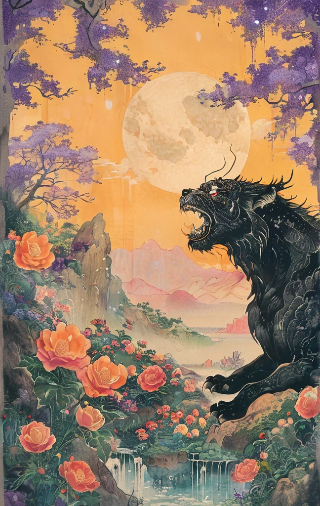 A white dragon lies in the middle of an endless field full of purple flowers, surrounded by snow-capped mountains and a blue sky sparkling with golden sunset rays. The whole scene is filled with a dreamy atmosphere, with vibrant colors and detailed background elements rendered in high resolution and detailed in a top quality illustration style. A girl with black hair and white eyes, dressed in dark , stands next to an anthropomorphic tiger, both looking at the camera. The background is adorned with intricate patterns of flowers and leaves., with a black color scheme, taken from a low angle shot, with high resolution and high detail, a masterpiece、((highest quality)),(ultra high resolution),(Super detailed),(detailed description),((The best CG)),(best work of art),super precision art,amazing drawing art,(Fantasy art with intricate detail:1.5), (Female Devil:1.6),(A beautiful face with a hint of madness:1.6),(disaster々New tattoo:1.4),(stiletto heels:1.6), (Blasphemous Magic Circle:1.8), Skull Moon, bat,