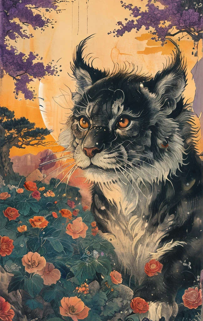 A white dragon lies in the middle of an endless field full of purple flowers, surrounded by snow-capped mountains and a blue sky sparkling with golden sunset rays. The whole scene is filled with a dreamy atmosphere, with vibrant colors and detailed background elements rendered in high resolution and detailed in a top quality illustration style. A girl with black hair and white eyes, dressed in dark , stands next to an anthropomorphic tiger, both looking at the camera. The background is adorned with intricate patterns of flowers and leaves., with a black color scheme, taken from a low angle shot, with high resolution and high detail, a masterpiece、((highest quality)),(ultra high resolution),(Super detailed),(detailed description),((The best CG)),(best work of art),super precision art,amazing drawing art,(Fantasy art with intricate detail:1.5), (Female Devil:1.6),(A beautiful face with a hint of madness:1.6),(disaster々New tattoo:1.4),(stiletto heels:1.6), (Blasphemous Magic Circle:1.8), Skull Moon, bat,