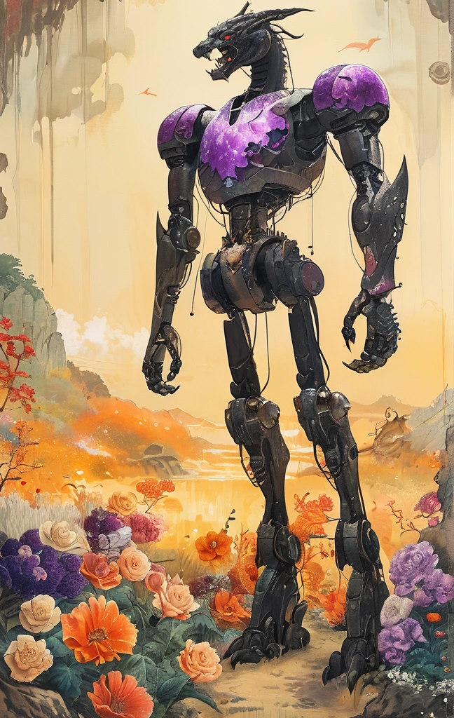 A white dragon lies in the middle of an endless field full of purple flowers, surrounded by snow-capped mountains and a blue sky sparkling with golden sunset rays. The whole scene is filled with a dreamy atmosphere, with vibrant colors and detailed background elements rendered in high resolution and detailed in a top quality illustration style. A girl with black hair and white eyes, dressed in dark , stands next to an anthropomorphic tiger, both looking at the camera. The background is adorned with intricate patterns of flowers and leaves., with a black color scheme, taken from a low angle shot, with high resolution and high detail, a masterpiece、((highest quality)),(ultra high resolution),(Super detailed),(detailed description),((The best CG)),(best work of art),super precision art,amazing drawing art,(Fantasy art with intricate detail:1.5), (Female Devil:1.6),(A beautiful face with a hint of madness:1.6),(disaster々New tattoo:1.4),(stiletto heels:1.6), (Blasphemous Magic Circle:1.8), Skull Moon, bat,