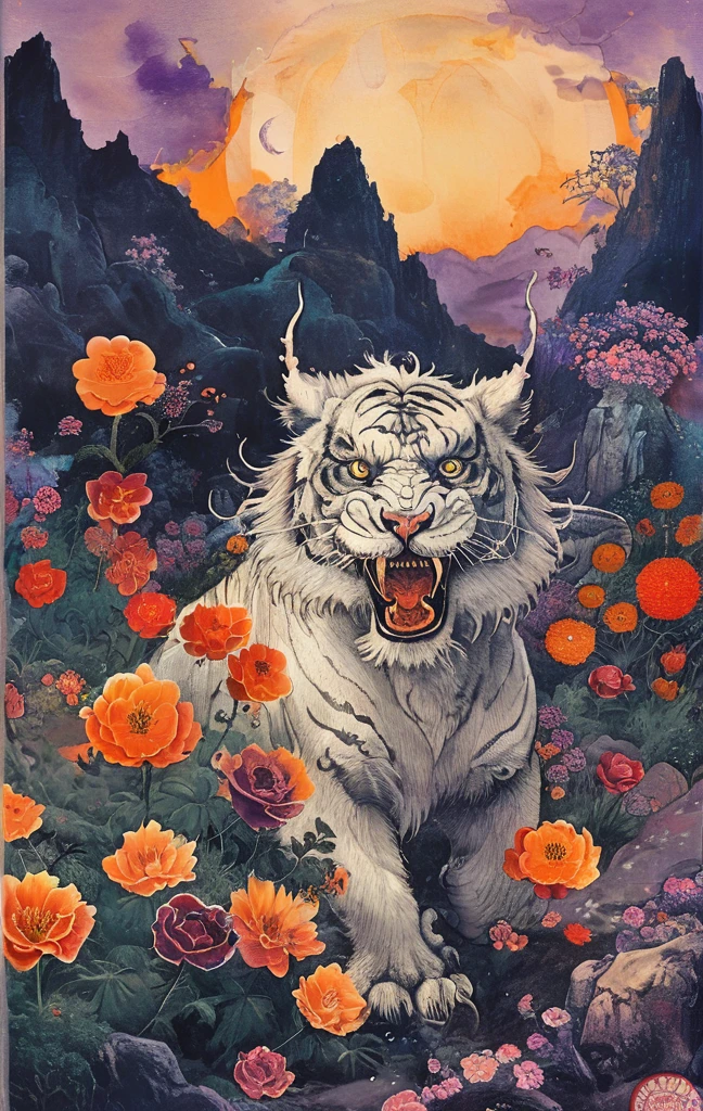 A white dragon lies in the middle of an endless field full of purple flowers, surrounded by snow-capped mountains and a blue sky sparkling with golden sunset rays. The whole scene is filled with a dreamy atmosphere, with vibrant colors and detailed background elements rendered in high resolution and detailed in a top quality illustration style. A girl with black hair and white eyes, dressed in dark , stands next to an anthropomorphic tiger, both looking at the camera. The background is adorned with intricate patterns of flowers and leaves., with a black color scheme, taken from a low angle shot, with high resolution and high detail, a masterpiece、((highest quality)),(ultra high resolution),(Super detailed),(detailed description),((The best CG)),(best work of art),super precision art,amazing drawing art,(Fantasy art with intricate detail:1.5), (Female Devil:1.6),(A beautiful face with a hint of madness:1.6),(disaster々New tattoo:1.4),(stiletto heels:1.6), (Blasphemous Magic Circle:1.8), Skull Moon, bat,