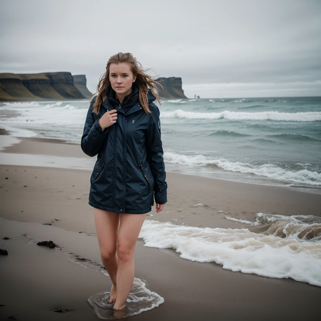 A beautiful cinematic picture of a typical icelandic 25 year old woman walking on the beach, high quality, 1 woman solo, attractive face, high resolution, saggy,cold and wet icelandic weather