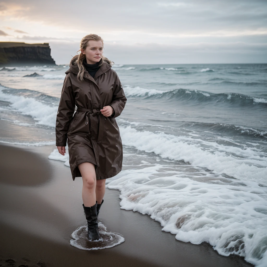 A beautiful cinematic picture of a typical icelandic 25 year old woman walking on the beach, high quality, 1 woman solo, attractive face, high resolution, saggy,cold and wet icelandic weather