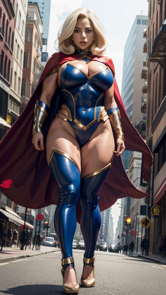Busty cute Lady Gaga, enormous breasts volume, (muscle strong arms and abs and legs), tight superheroine costume, cape, city background