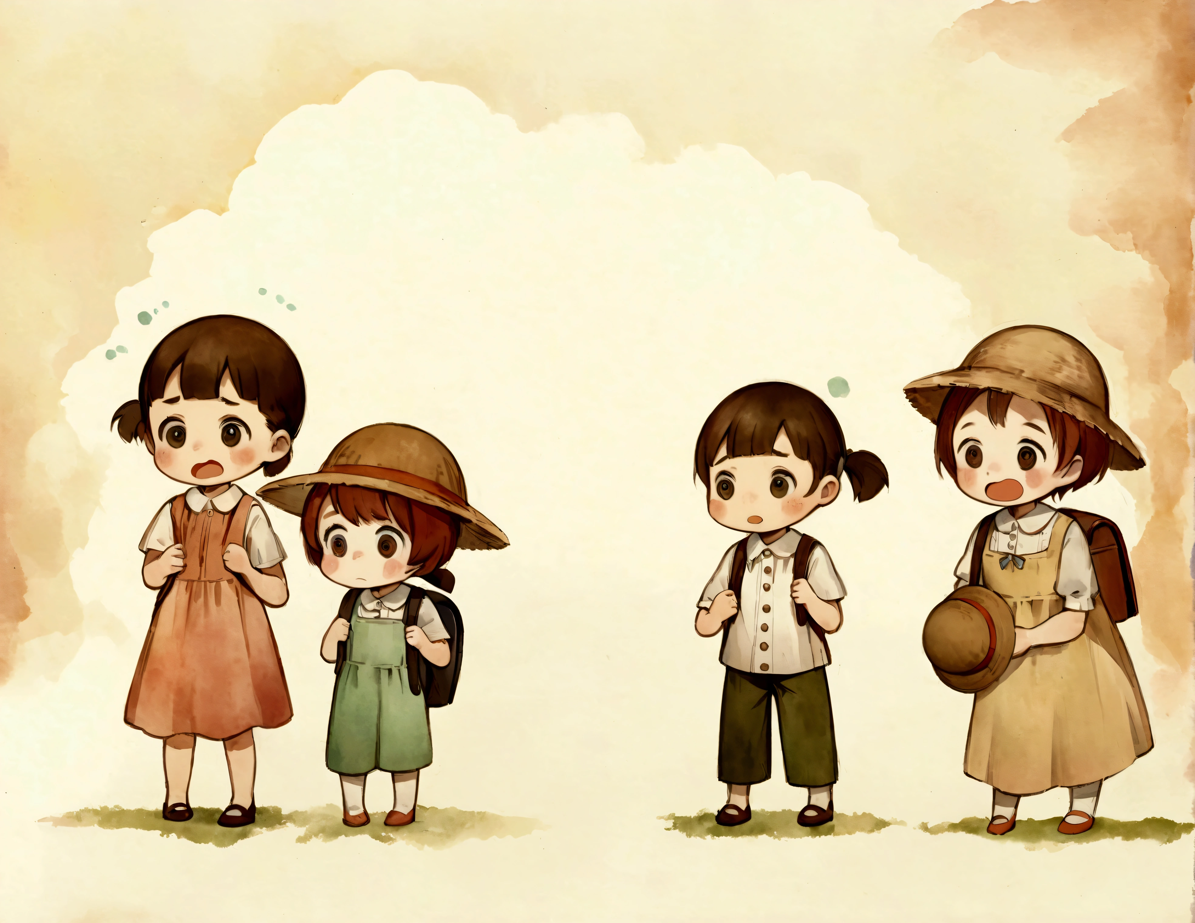 An illustration,(Draw the children with surprised expressions),(Children with open mouths and disappointed expressions),The children are shocked and depressed.,children are wearing summer clothes,(The background is the garden of a house in town),group,BREAK,children are carrying backpacks,straw hat,The children are dressed as if they are going on a field trip.,BREAK,cute illustration,surreal,artwork,Expressively,This is an illustration that looks like a picture book illustration.,draw with thick lines,Please draw with a gentle touch,Draw with pencil and watercolors,Gabriel Pacheco Style page,anatomically correct,perfect anatomy,structurally correct,Optimal configuration,Draw carefully to the details
