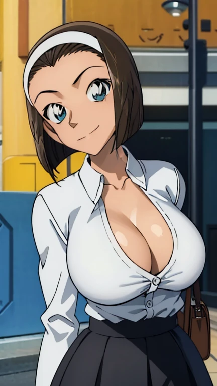 Looking into the camera、When I Look at You、lookatviewer、Anime Style、eroge、1 girl, (Huge long breasts:1.2), (White blouse T-shirt、Cleavage、black long skirt)、Low - Angle、Brown haired, hair band、short hair、Bob Hair、The forehead is visible、smile,Round Breasts、women、