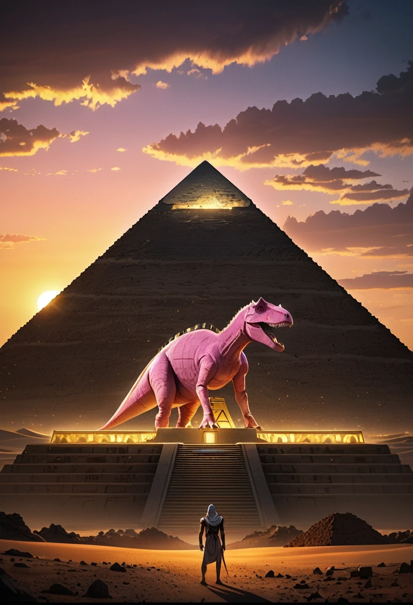 (Pink Dinosaur), the scene mainly depicts a pink dinosaur dressed in golden ancient Egyptian clothing standing in front of a pyramid, with a solemn posture, like a mysterious envoy. The pyramid behind it is illuminated by the sunset, with a golden desert and pyramid in the background, (Photography), panoramic view, award-winning, cinematic still, emotional, vignette, dynamic, vivid, (masterpiece, best quality, Professional, perfect composition, very aesthetic, absurdres, ultra-detailed, intricate details:1.3)