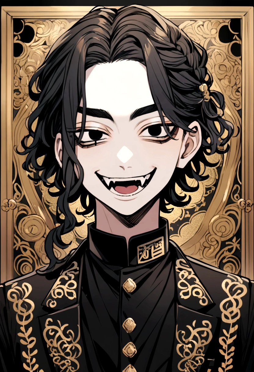 1. Chico Keisuke Baji, tokyo revengers, slightly wavy black hair color, black eye color (smile with fangs) calm look ( tokyo revengers) 