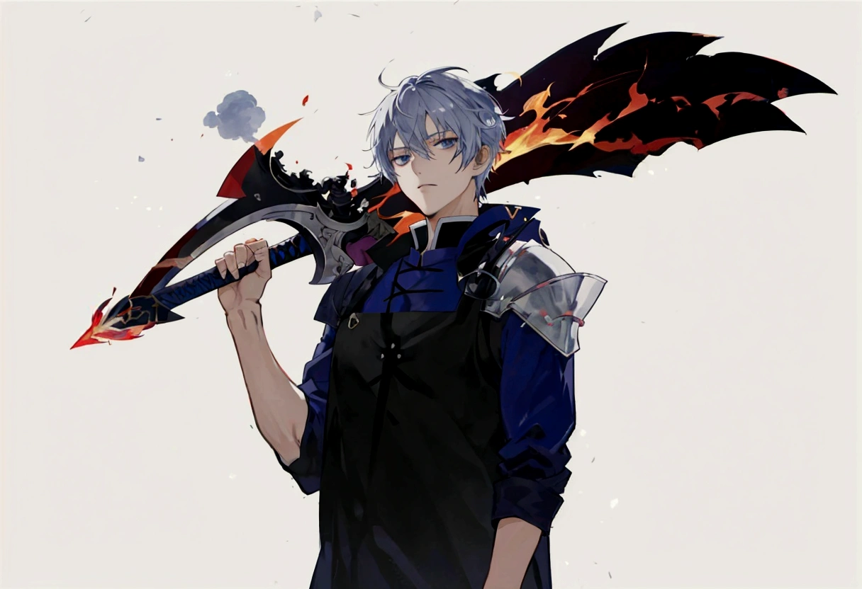anime character with a sword and flame in his hand, 2d anime style, 2 d anime, by Shitao, shigenori soejima illustration, zerochan art, by Kamisaka Sekka, with leviathan ax, made with anime painter studio, Hero 2d Fanart Artsation, zerochan, anime character art, por Kamagurka