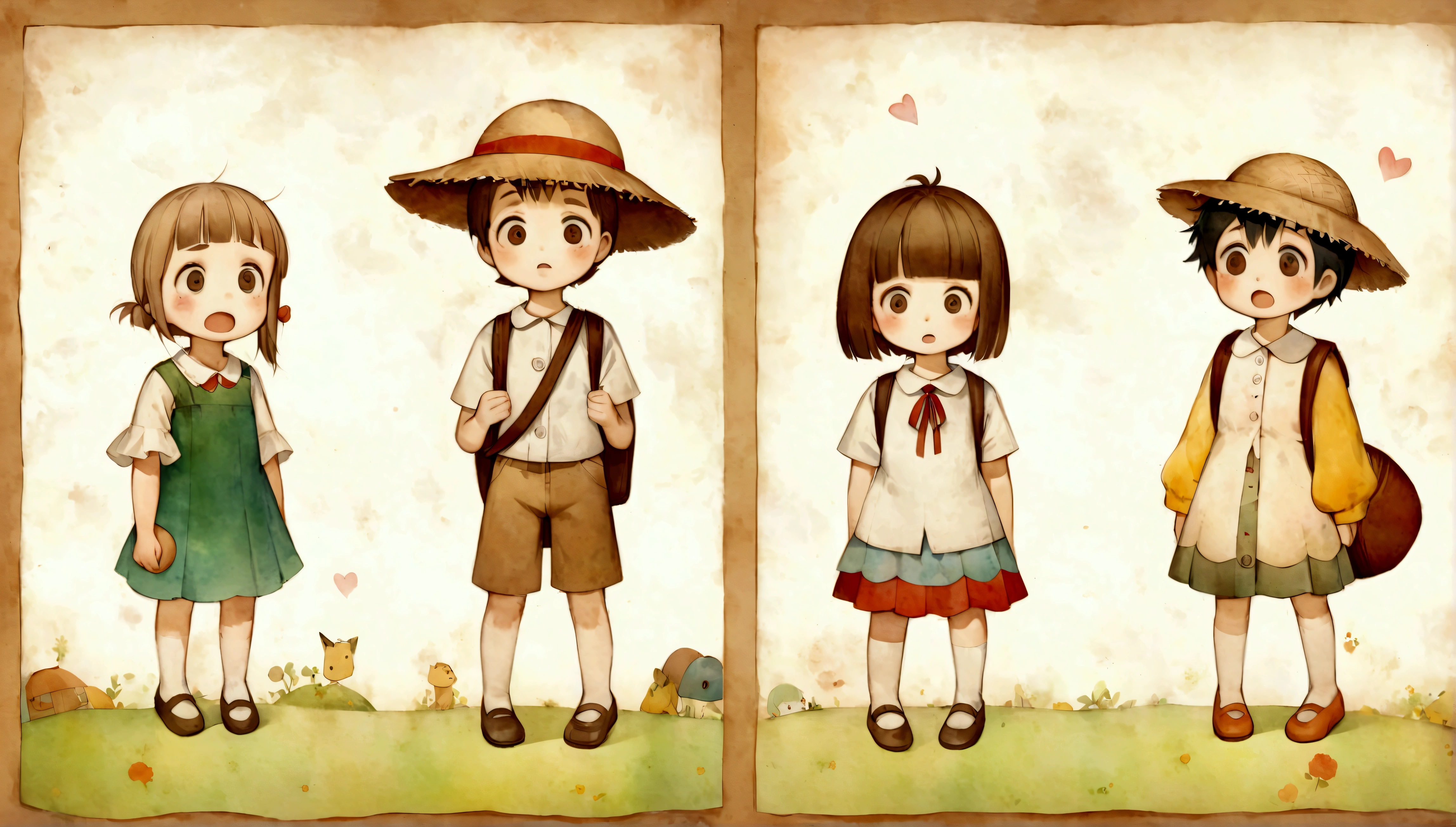 An illustration,(Draw the children with surprised expressions),(Children with open mouths and disappointed expressions),The children are shocked and depressed.,children are wearing summer clothes,(The background is the garden of a house in town),dog snuggles,group,BREAK,children are carrying backpacks,straw hat,The children are dressed as if they are going on a field trip.,BREAK,cute illustration,surreal,artwork,Expressively,This is an illustration that looks like a picture book illustration.,draw with thick lines,Please draw with a gentle touch,Draw with pencil and watercolors,Gabriel Pacheco Style page,anatomically correct,perfect anatomy,structurally correct,Optimal configuration,Draw carefully to the details