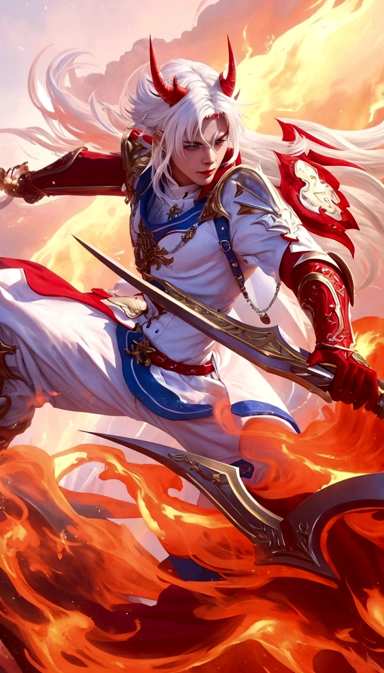 Enhance the clarity and sharpness of this character illustration. The character has white hair with red horns and is dressed in a detailed white and blue outfit with red and gold armor. The character wields a large, ornate weapon surrounded by vibrant flames. Improve the overall sharpness, making the colors more vivid and the textures more detailed, while preserving the dynamic and vibrant atmosphere of the scene